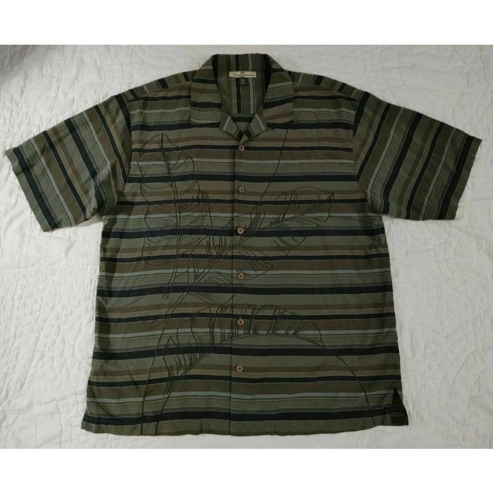 Tommy Bahama 100% Silk Hawaiian Camp Shirt Mens sz L Tropical Palms